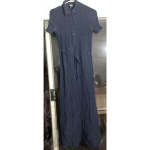 DKNY Navy Blue Midi Dress, Short Sleeve Faux Wrap, Collared Button Dress Size 10